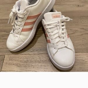 Adidas Women's White Sneakers with Pink Stripes